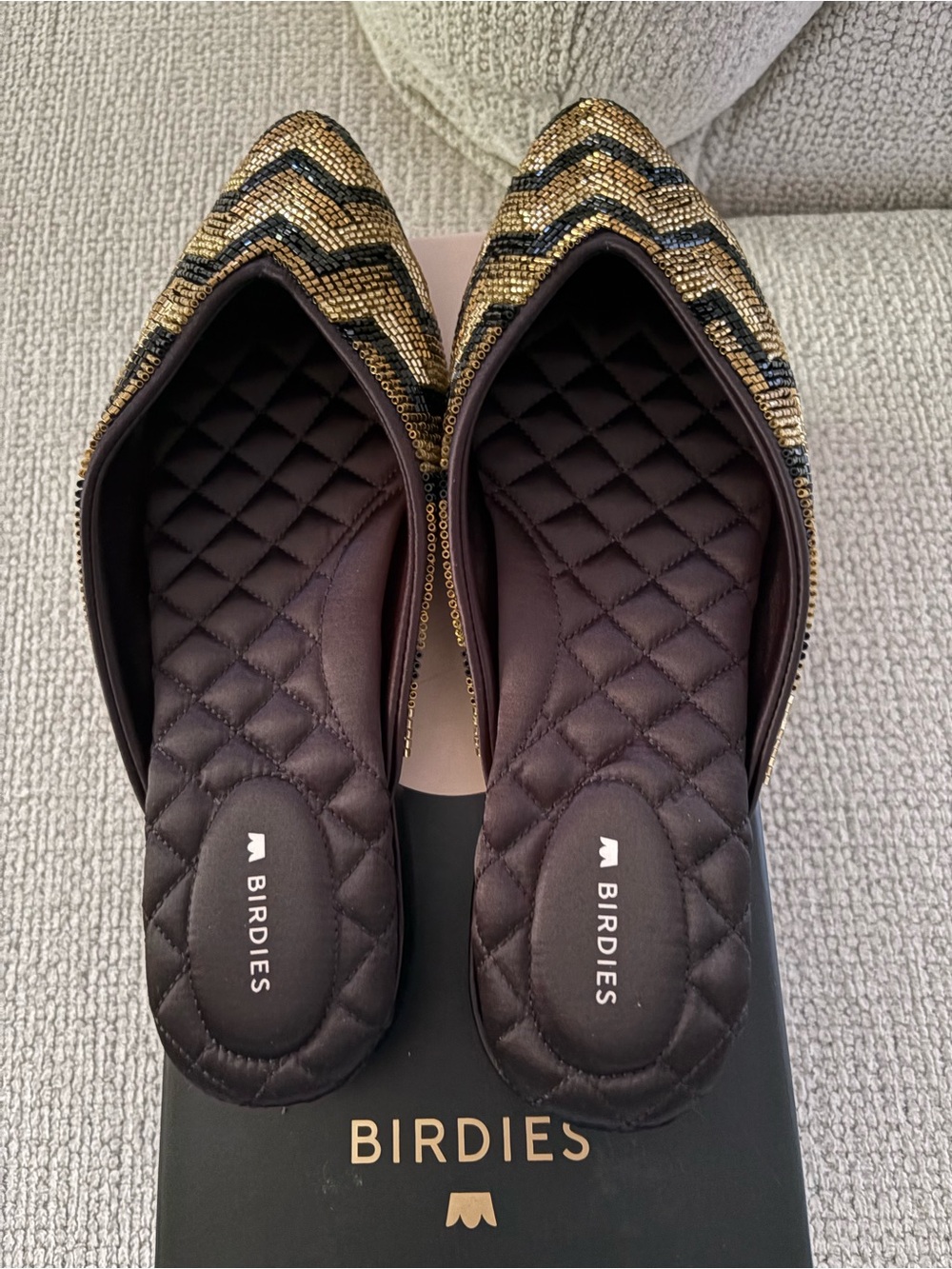 Birdies Gold and Black Sequin Pointed Flats